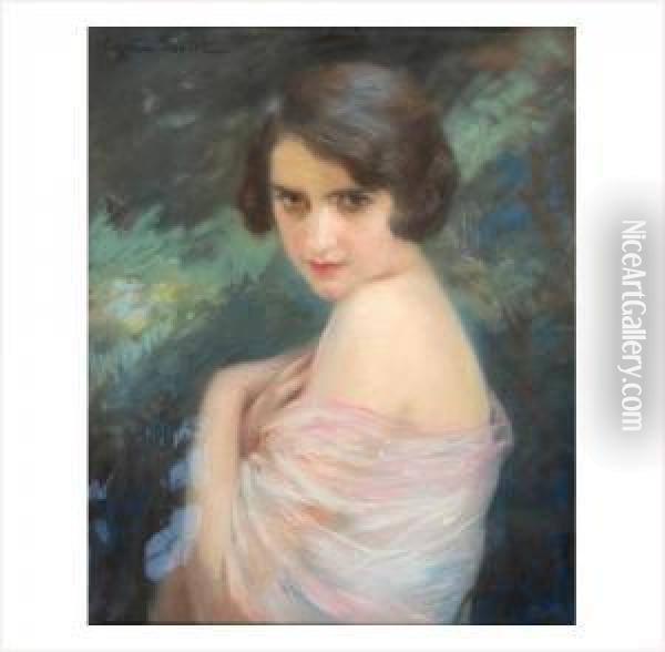 Jeune Femme A L'echarpe Rose Oil Painting - Cyprien Boulet