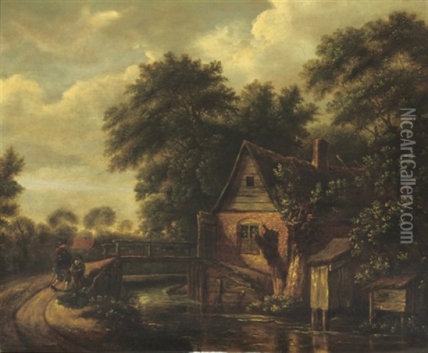 A Wooded River Landscape With Figures On A Track Near A Bridge And A Cottage Oil Painting - Cornelis Gerritsz Decker