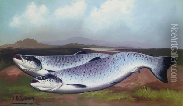 The Day's Catch; Salmon On The Bank Oil Painting - John Russell