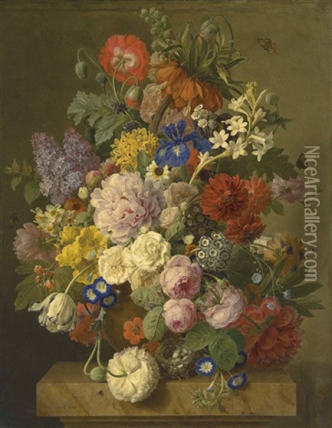 A Crown Imperial, Roses, Hyacinths, An Iris And Other Flowers In A Terracotta Vase With A Bird's Nest On A Plinth Oil Painting - Jan Frans Van Dael