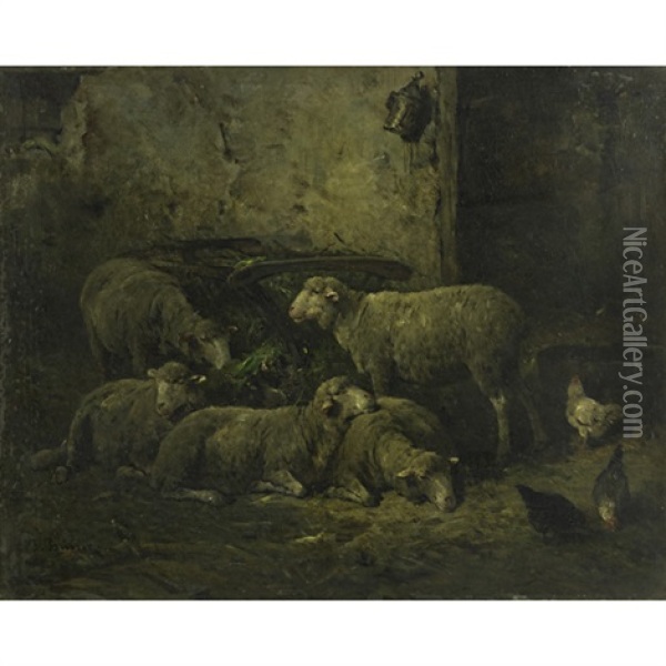 Sheep And Chickens In A Manger Oil Painting - Franck Brissot