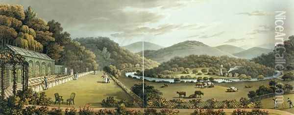General View from the South and East Fronts of the Cottage at Endsleigh, Devon, After from Fragments on the Theory and Practice of Landscape Gardening, pub. 1816 Oil Painting - Humphry Repton