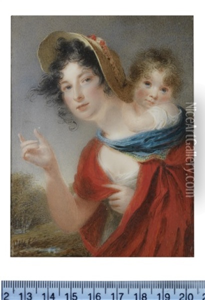 A Lady, Called Mrs Mary Whitehouse Nee Lake (1774-1865) Carrying Her Daughter, Clarissa Barbara, On Her Back Oil Painting - Thomas Hargreaves