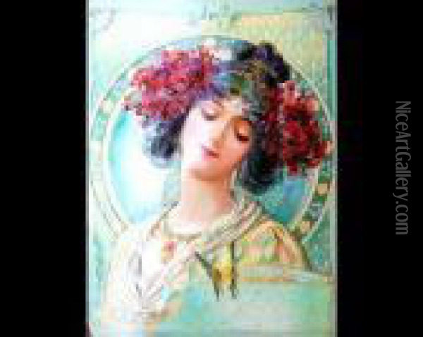 Art Nouveau Maiden With Flowers Oil Painting - Alphonse Maria Mucha
