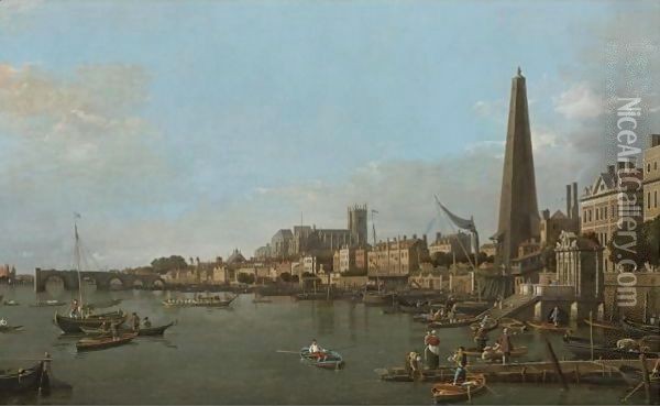 London, A View Of The Thames, Looking Towards Westminster From Near The York Water Gate Oil Painting - (Giovanni Antonio Canal) Canaletto