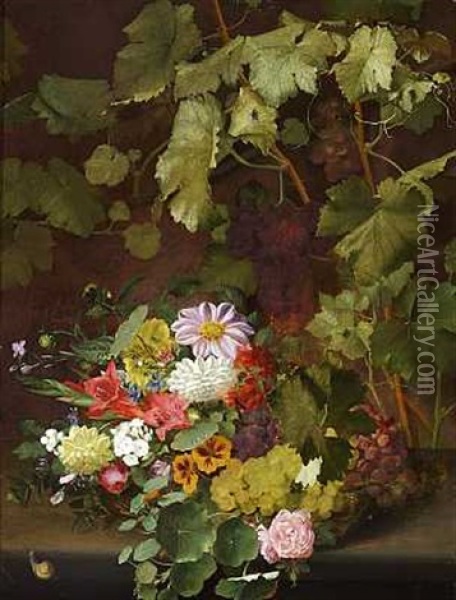 Sommerbuket Pa En Karm, I Baggrunden Gror Vinlov Oil Painting - Otto Didrik Ottesen