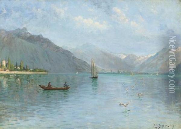 Fishing On Lake Lugano Oil Painting - Louis Isak Napoleon Jensen