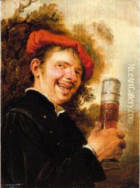 A Man Brandishing A Beer Glass Oil Painting - Petrus Staverenus