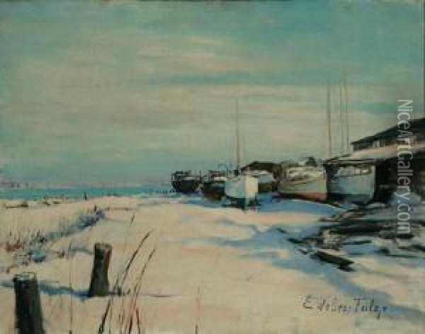 Winter Harbor Scene With Beached Boats Oil Painting - Elisabeth Weber-Fulop