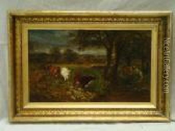 Cows By A Water
Hole Oil Painting - James McDougal Hart