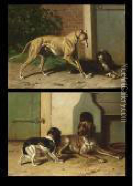 A Greyhound And A Shepherd Dog; A King Charles Spaniel And A Drentse Partridge Dog Oil Painting - Conradyn Cunaeus