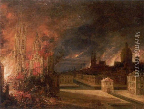A View Of Antwerp By Moonlight With Numerous Buildings On Fire Oil Painting - Daniel van Heil