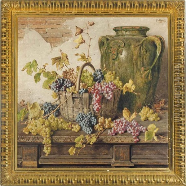 A Basket Of Grapes By An Amphor On A Wooden Table Oil Painting - Giorgio Lucchesi