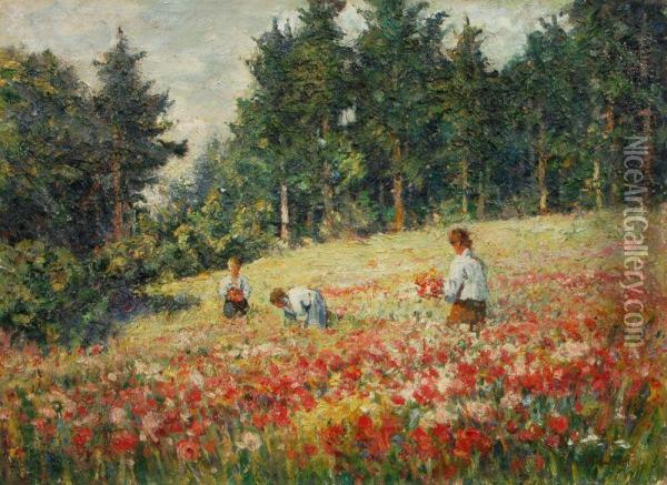 Beim Blumenpflucken Oil Painting - Oldrich Konicek