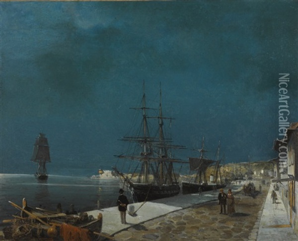 Harbour By Night Oil Painting - Konstantinos Volanakis