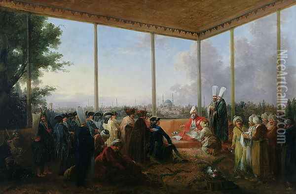 Audience Given in Constantinople by the Grand Vizier Aimali Carac for Francois-Emmanuel Guignard (1735-1821) Comte de Saint-Priest, 18th March 1779 Oil Painting - Francesco Giuseppe Casanova