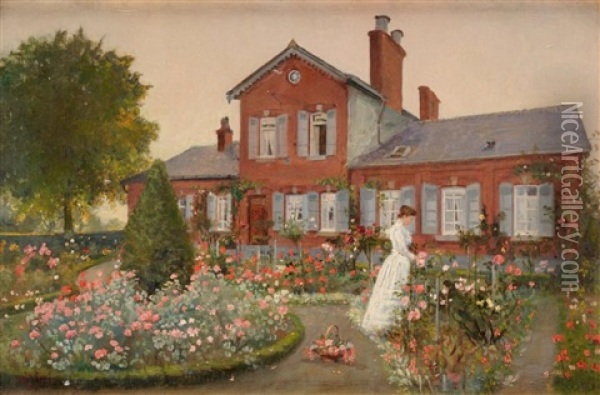 Jeune Femme Dans Un Jardin De Roses Oil Painting - Pierre Charles Gislain