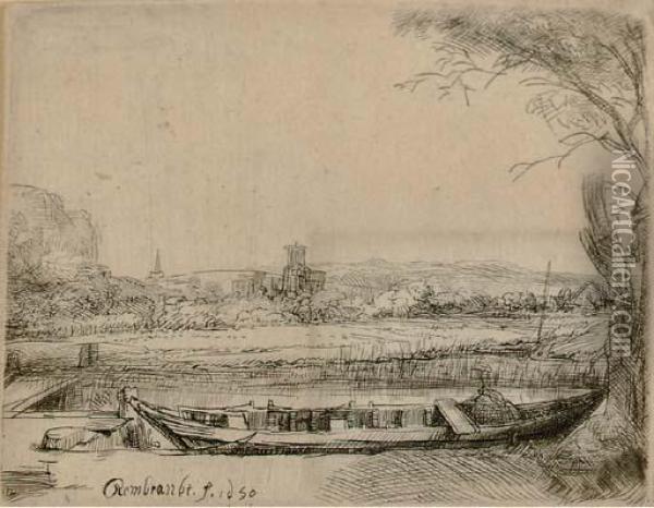 Canal With A Large Boat And Bridge Oil Painting - Rembrandt Van Rijn