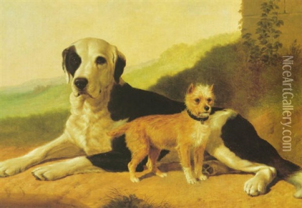 Hound And Terrier In A Landscape Oil Painting - Thomas Hewes Hinckley