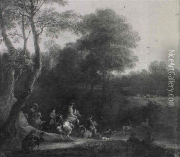 A Hunting Party Crossing A River Oil Painting - Jan-Baptiste van der Meiren