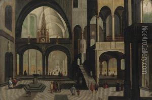 The Interior Of A Gothic Church With Elegant Figure Sconversing Oil Painting - Pieter Ii Neefs