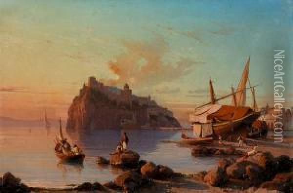 Abendliche Stimmung Auf Ischia Mit Dem Castello Aragonese. Oil Painting - Alessandro la Volpe