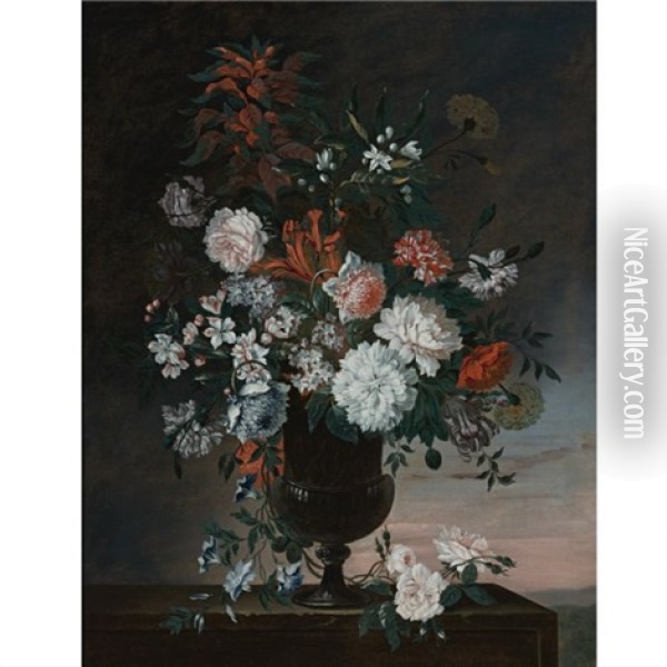 Carnations, Roses And Other Flowers In An Urn, A Sunrise Beyond Oil Painting - Jean-Baptiste Belin de Fontenay the Elder