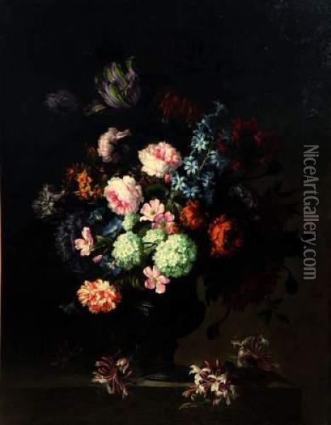Bouquet De Fleurs Sur Un Entablement. Oil Painting - Antoine Monnoyer