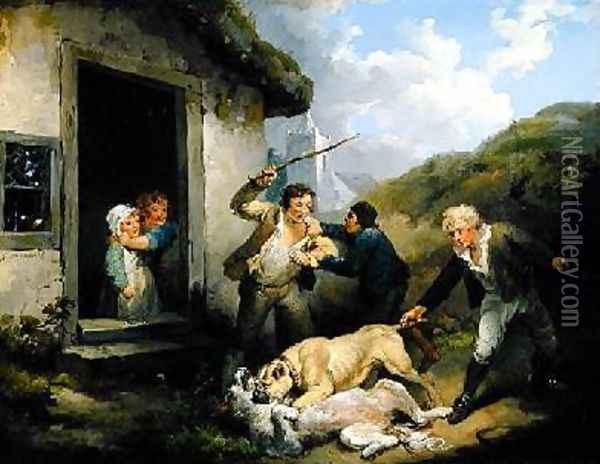 Dogs Fighting Oil Painting - George Morland