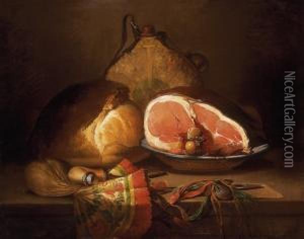 Still Life With Ham Oil Painting - Ferenc Ujhazy