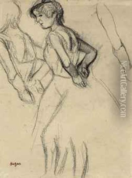 Danseuse Rattachant Sa Ceinture Oil Painting - Edgar Degas