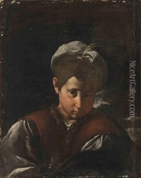 Portrait Of A Boy In A Brown Waistcoat With A White Cap Oil Painting - Pier Francesco Mola