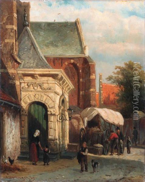 A View Of The South Entrance Of The St. Pancras Church,enkhuizen Oil Painting - Cornelis Springer