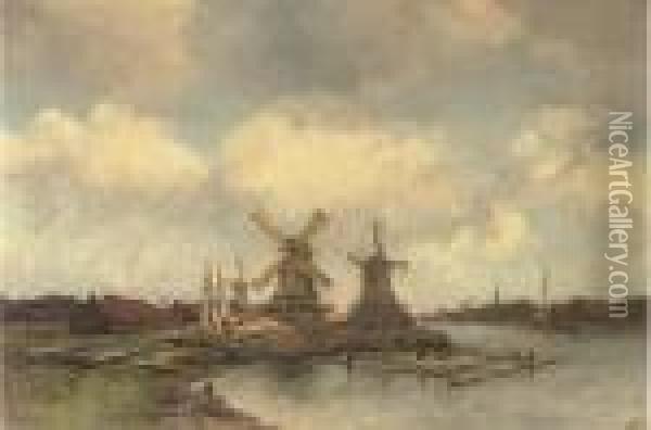 Windmills At The Zaanse Schans Oil Painting - Jan Hillebrand Wijsmuller