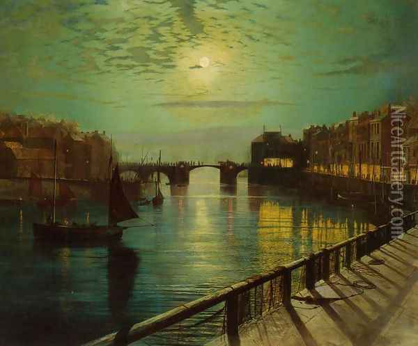 Whitby Harbor by Moonlight Oil Painting - John Atkinson Grimshaw