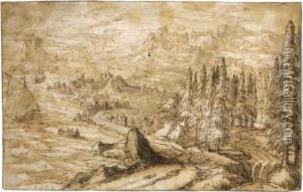 A Mountainous Coastal Landscape Oil Painting - Tobias van Haecht (see Verhaecht)