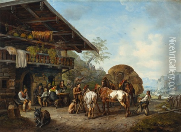 A Mountain Inn Oil Painting - Heinrich Buerkel