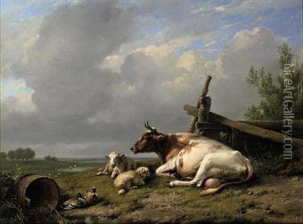 A Cow, Sheep And Ducks In The Pasture Oil Painting - Eugene Joseph Verboeckhoven