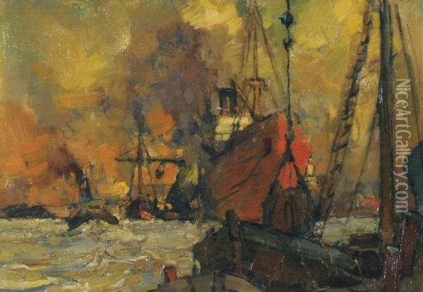 Schiffe Im Hafen Oil Painting - Theodor Hummel