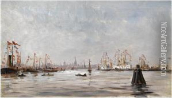 The Harbour Of Amsterdam On A Festive Day Oil Painting - Charles Lapostolet