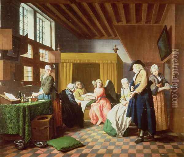 The Doctors Visits A Dutch Proverb The Doctor is Portrayed as an Angel Administering Aid to the Sick Man Oil Painting - Jan Josef, the Elder Horemans