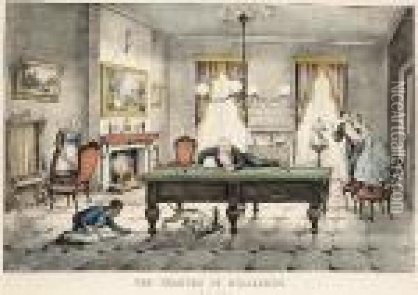 A Carom On The Dark Red Oil Painting - Currier & Ives Publishers