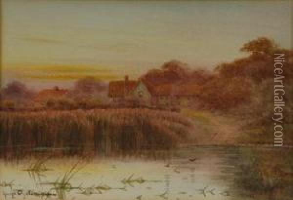 British River Landscape In Summer; Cottages By A Pond At Sunset Oil Painting - George Oyston