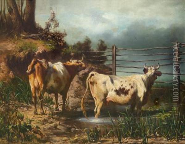 Cows By The Gate Oil Painting - Carl Rudolf S. Huber