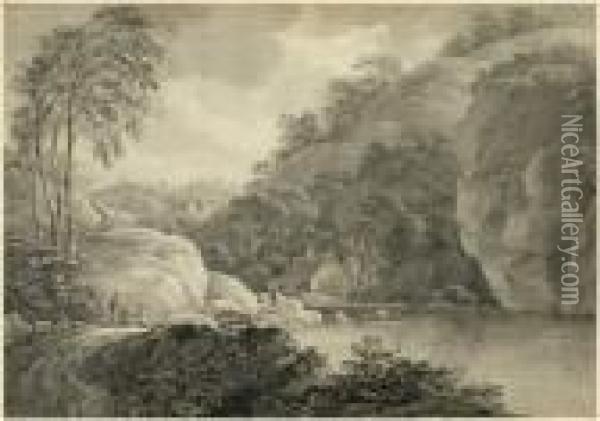 Felsige Flusslandschaft Mit Wanderern Und Hausern Oil Painting - Nicolaes Wicart