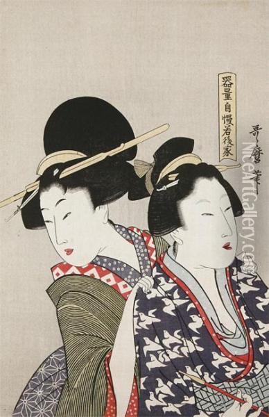 Borst Portret Van Twee Schoonheden, Een Houdt Een Pijp Vast Oil Painting - Kitagawa Utamaro