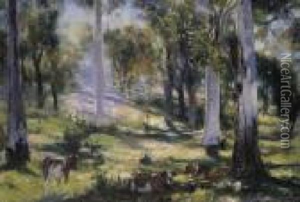 Cattle Grazing In Dappled Light Oil Painting - Walter Withers