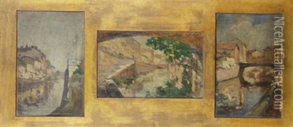 Scorci Dei Navigli (set Of 3 In 1 Frame) Oil Painting - Achille Cattaneo