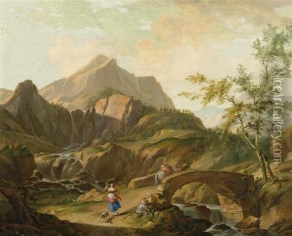 Gebirgslandschaft Mit Einer Brucke Uber Einen Fluss Und Hirten. 1764. Oil Painting - Johann Balthasar I Bullinger