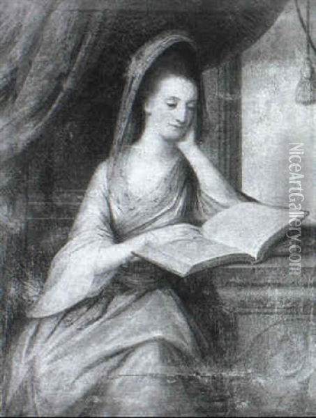 Portrait Of Lady, Wearing A Blue Dress, Reading An Atlas,   Seated Three-quarter Length Oil Painting - Angelika Kauffmann